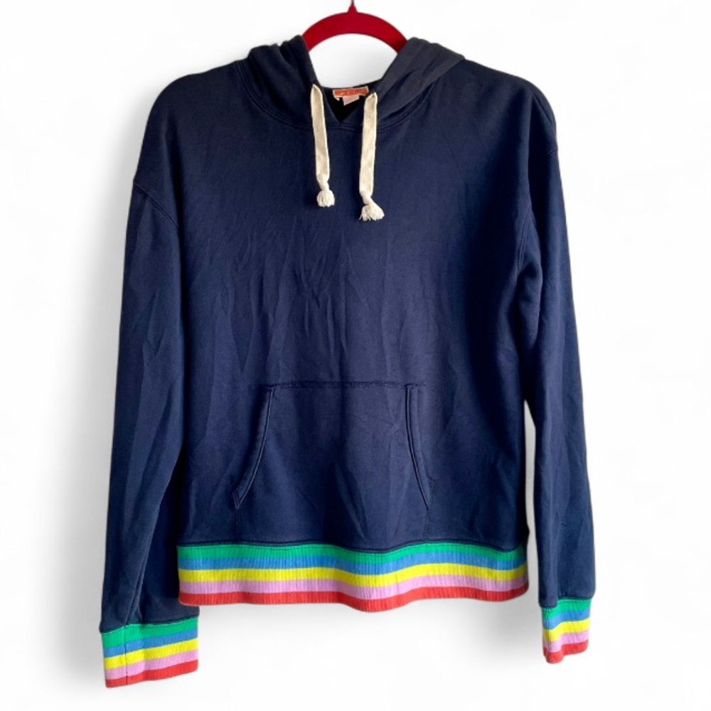 J. Crew Weekend Women's Navy Blue Hoodie Sweatshirt with Striped Trim Size S